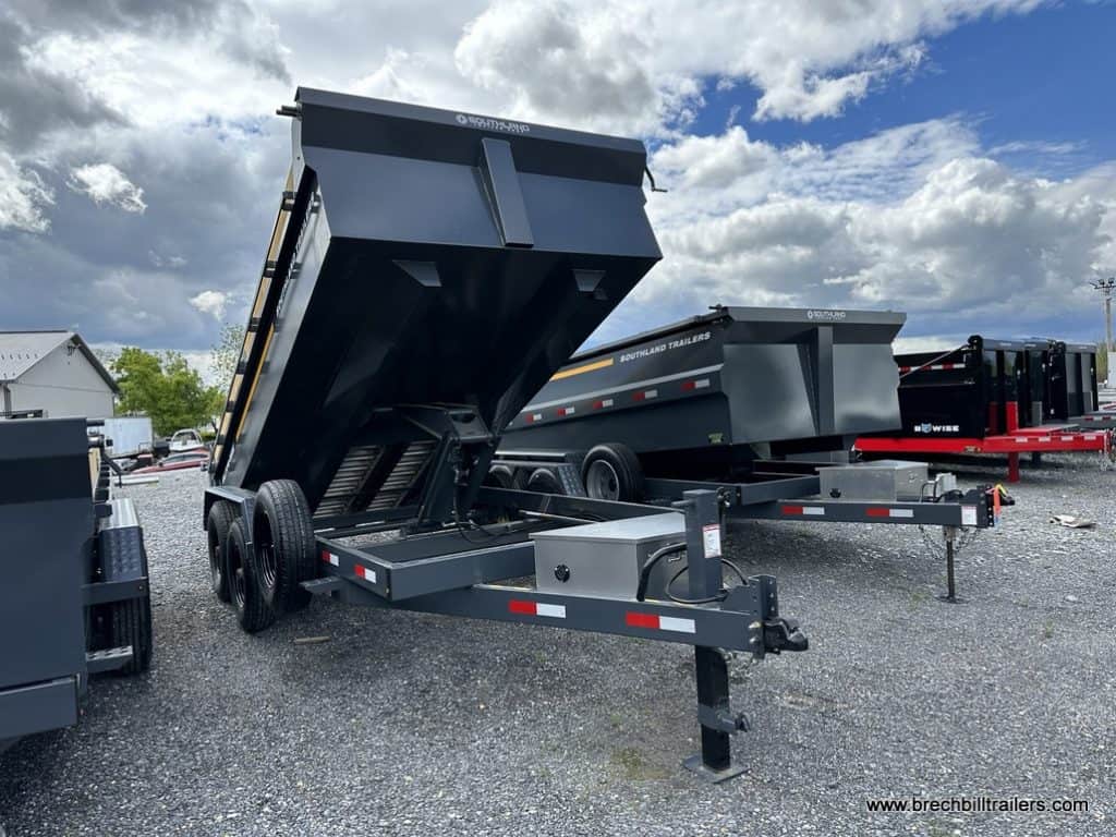 A 7x14 charcoal gray Southland 16K Tandem Axle Dump Trailer