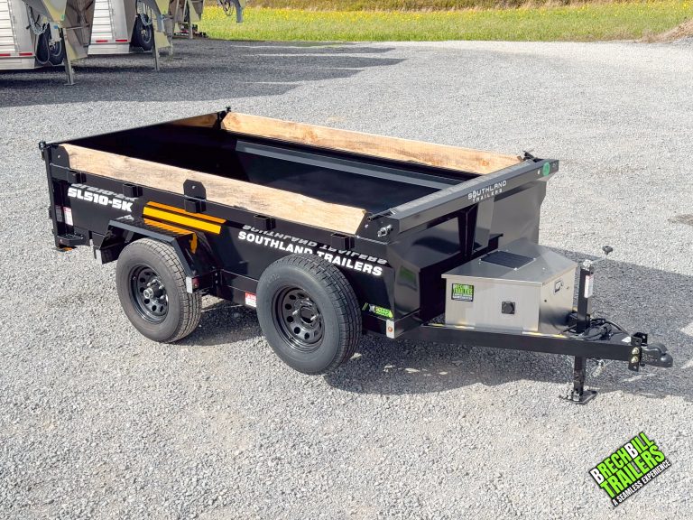 Southland 5x10 dump trailer with 5K GVWR dual cylinder hoist LED lights ramp tarp tool box 5200 lb axle and slam latch double doors. 2151