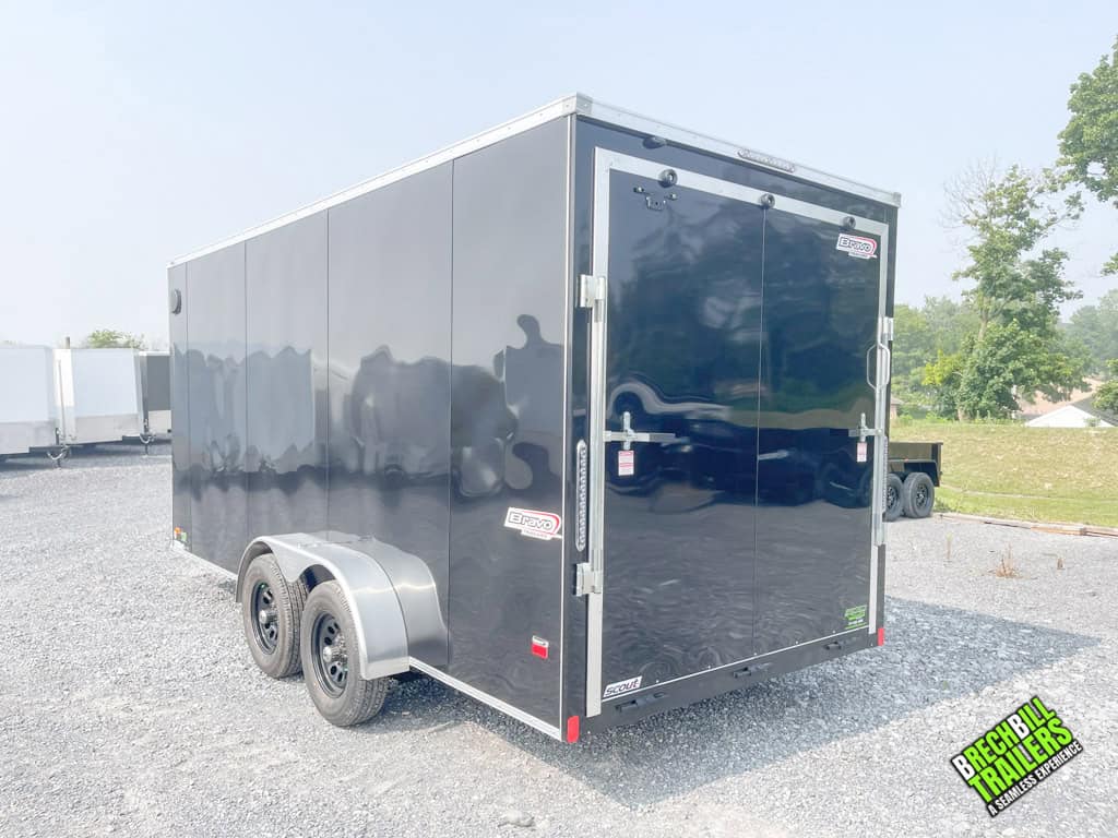 Back view of a Bravo Scout 7K Enclosed Cargo Trailer