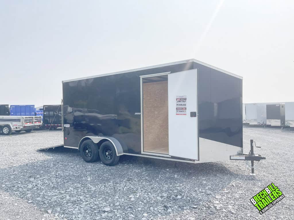 Bravo Scout 7K Enclosed Cargo Trailer with all doors open.