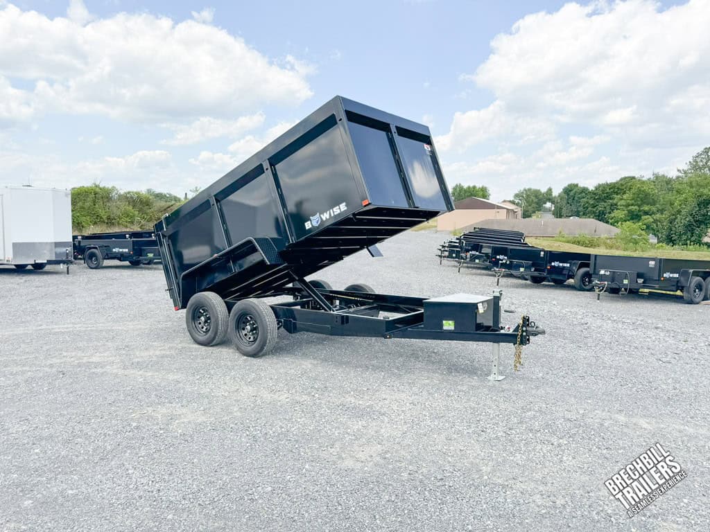 Bwise 10K High Side Dump Trailer in the dump position.
