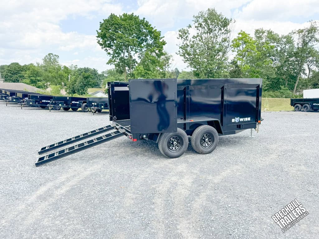 Side of Bwise 10K High Side Dump Trailer with ramps down
