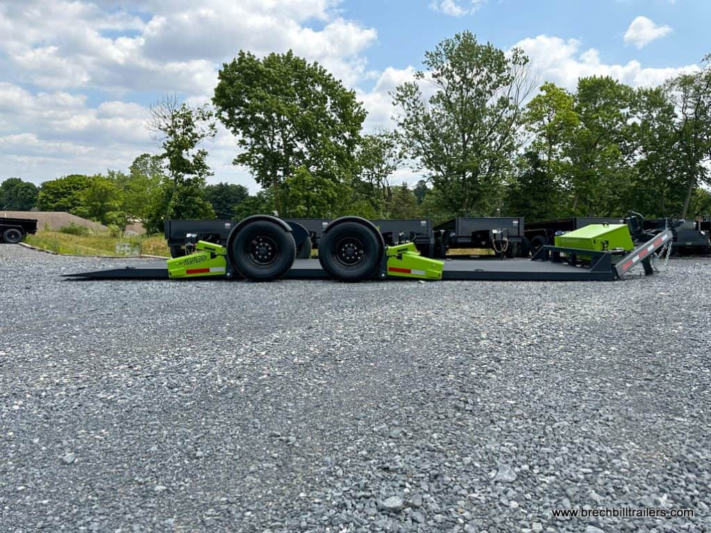 Side view of 22' FlatTrak completely flat on the ground lime green and gray FlatTrack