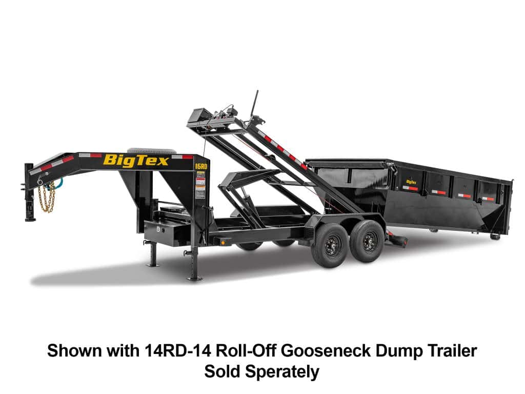 Big Tex Roll Off Trailer Bin shown with a 14rd-14 roll off gooseneck dump trailer
