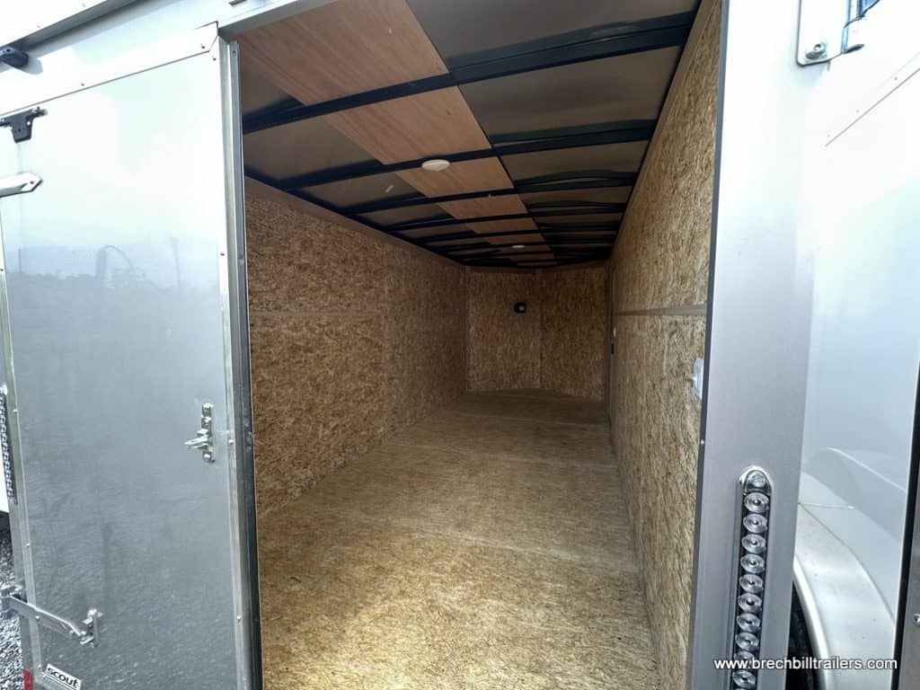 Looking inside a 7x16 Bravo Scout 7K Enclosed Cargo Trailer