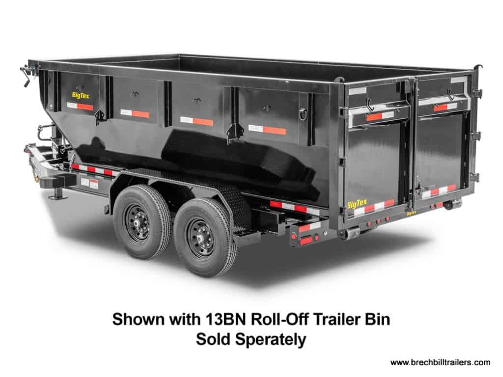 A Big Tex 14K Roll Off Bumper Pull Dump Trailer shown with a 13BN roll-off trailer bin.