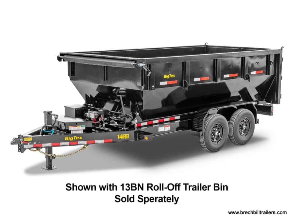 A Big Tex 14K Roll Off Bumper Pull Dump Trailer shown with a 13BN roll-off trailer bin.