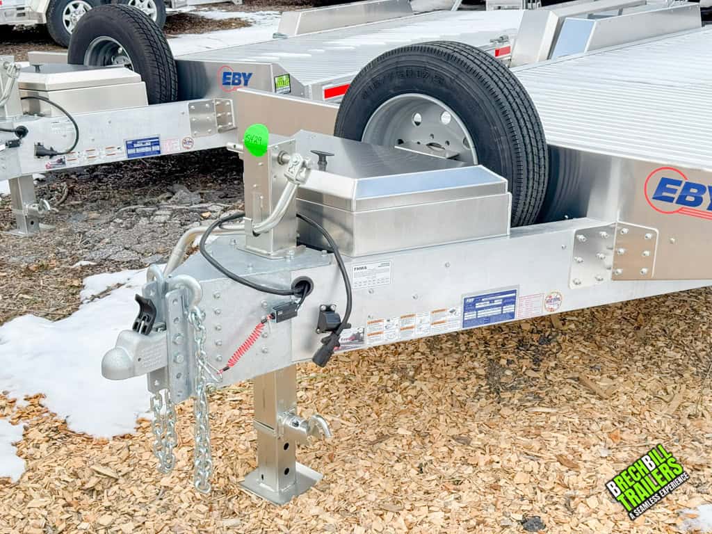 Trailer coupler and jack on the EBY 16K Low-Pro Equipment Trailer