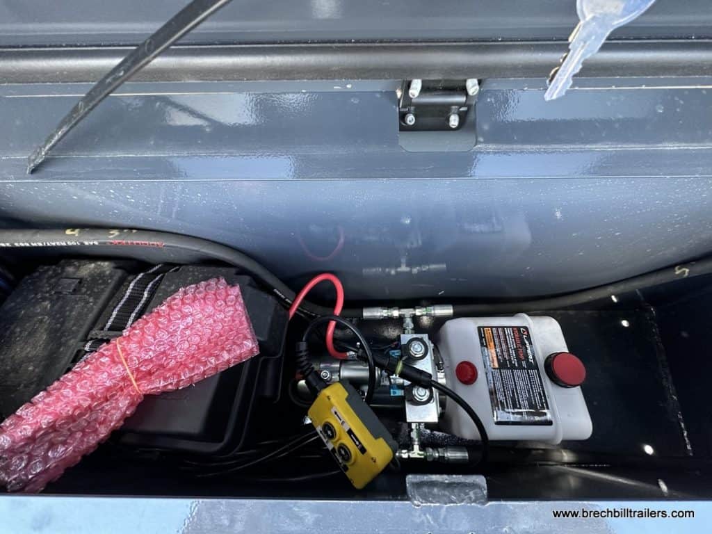 Hydraulic controls on the Southland gooseneck trailer.