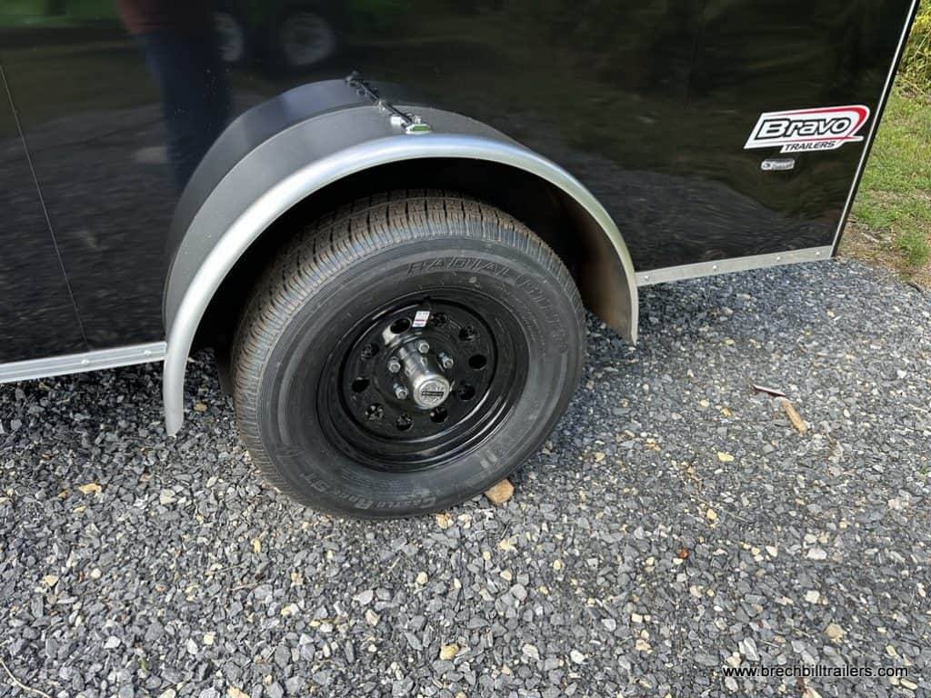 Wheels on the Bravo 3K Scout Enclosed Cargo Trailer