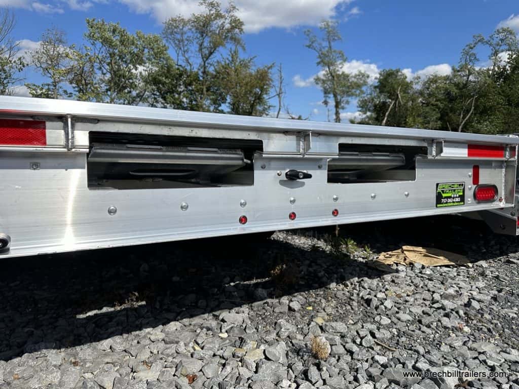 Back of EBY 14K Deck-Over Equipment Trailer where the ramps slide out.