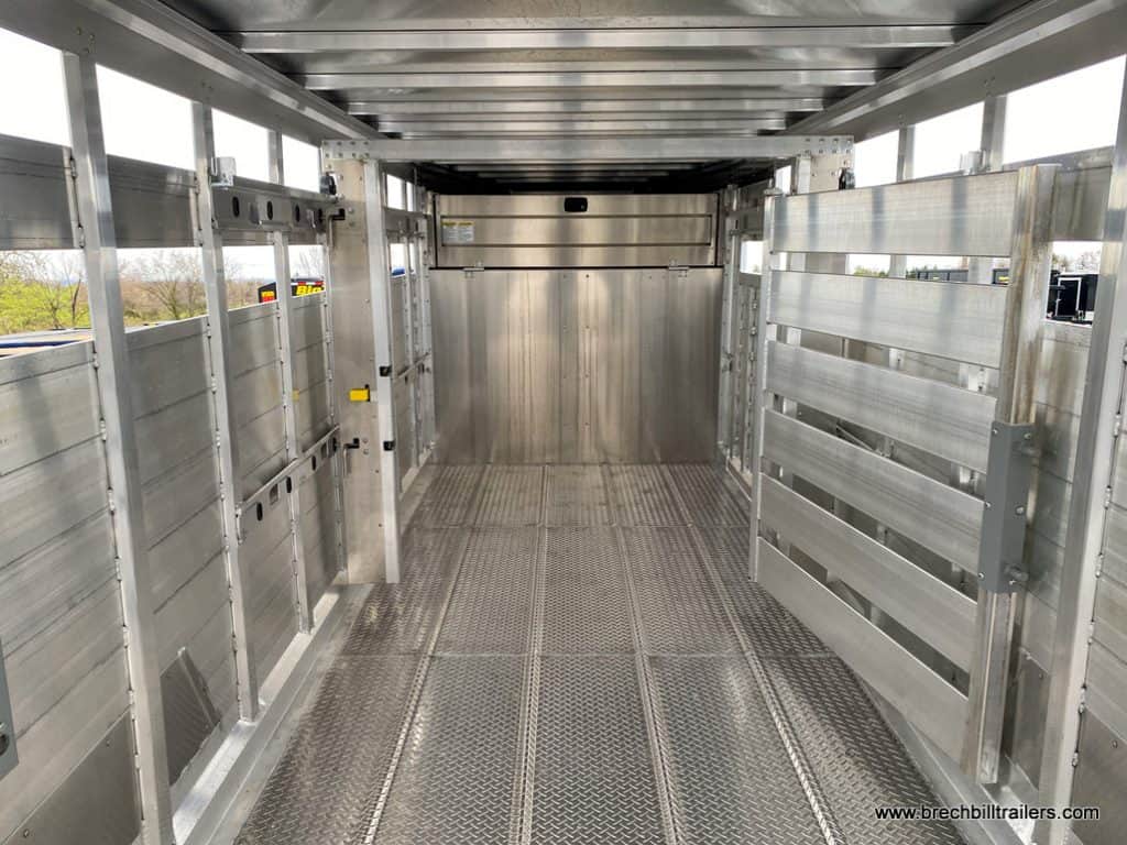Looking inside a EBY Gooseneck Livestock Trailer