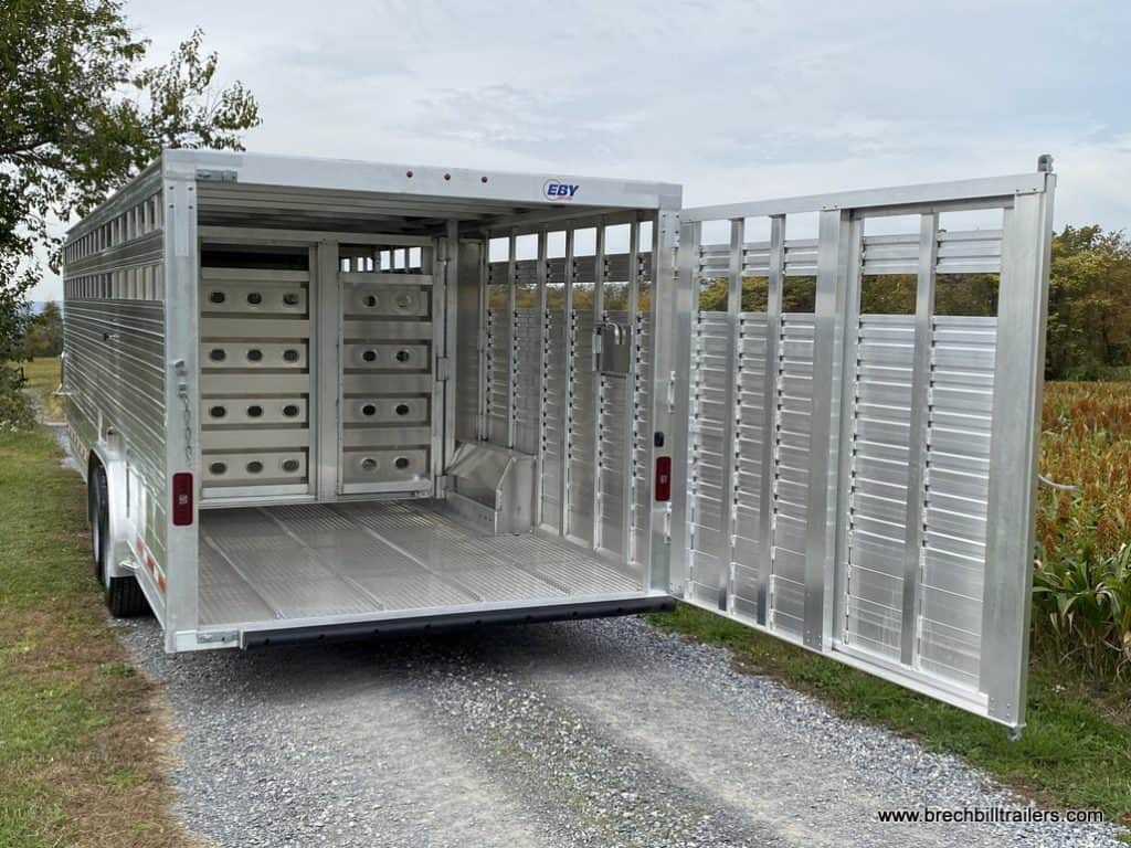 EBY 19K Ruff Neck Livestock Trailer with a swing gate on the back.