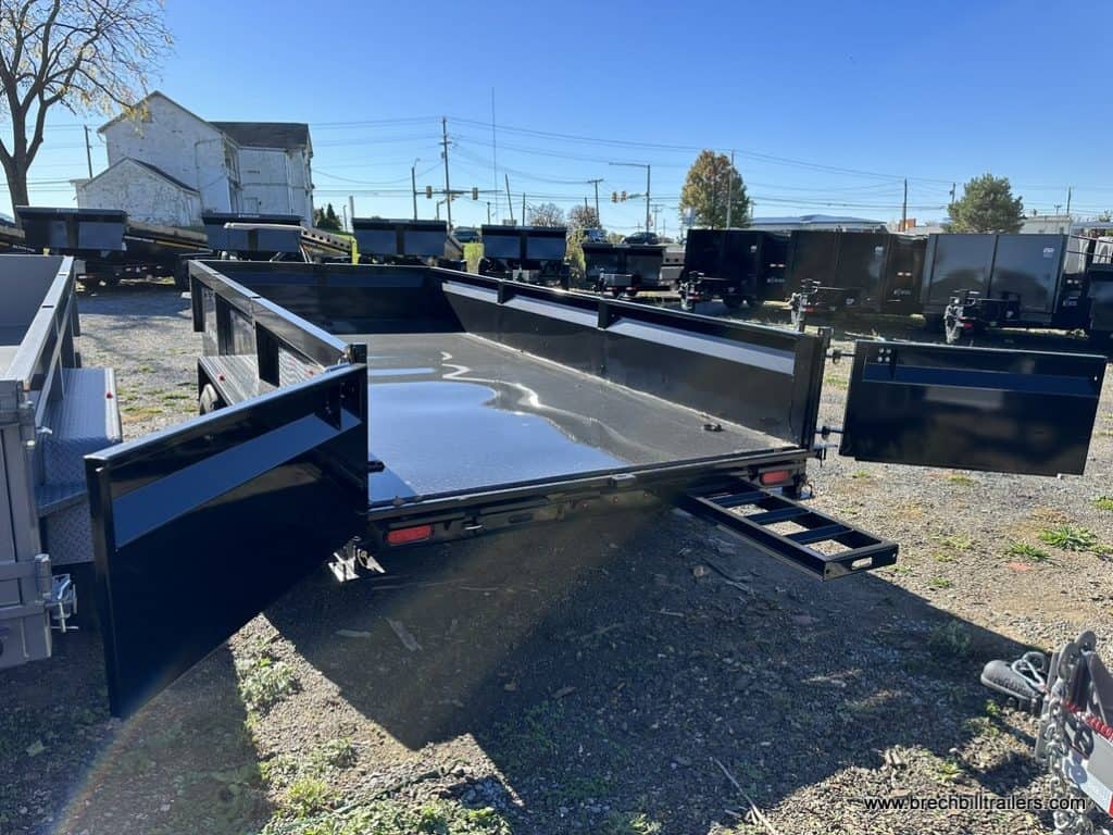 Back of Bwise 16K Low Pro Dump Trailer 7x16 with ramp coming out.