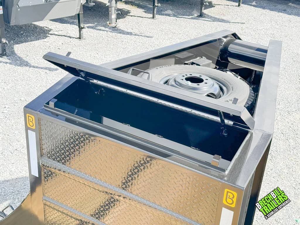 Spare wheel mounted on the Belmont 8.5x30 Heavy Duty Gooseneck Trailer
