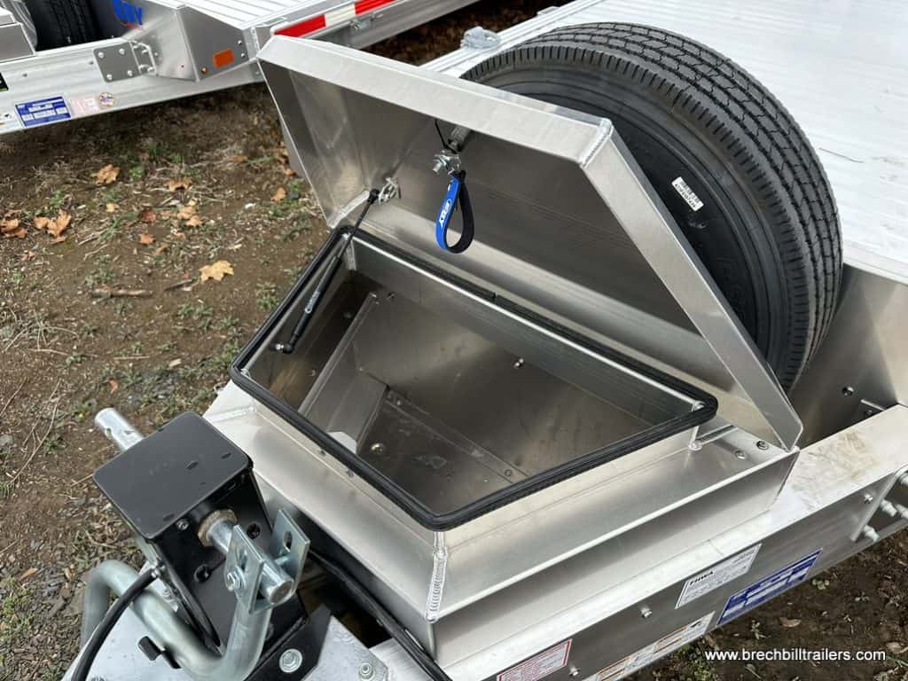 Storage tool box on the EBY HD Aluminum 16K Equipment Trailer 7x20