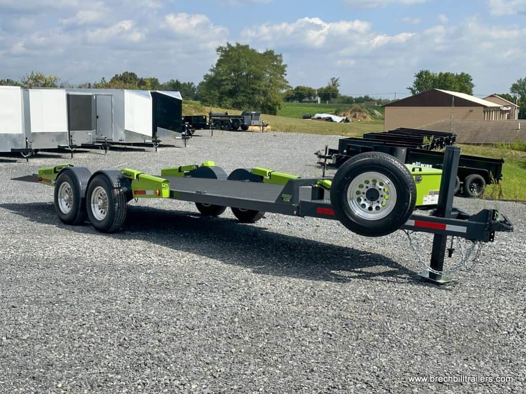 FlatTrak Lay Flat Scissor lift Trailer 14k on display in the lot.