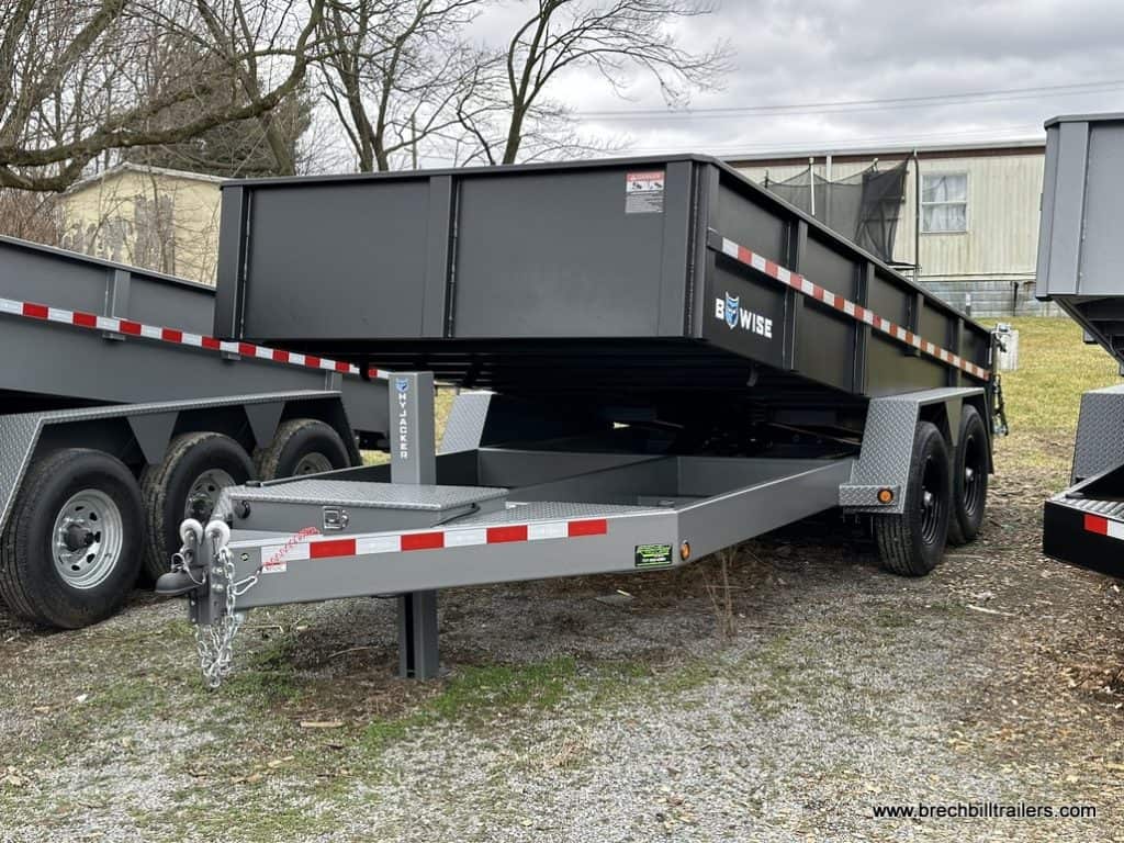 Bwise DLP 15.4K Heavy Duty Dump Trailer parked using the hydraulic jack.