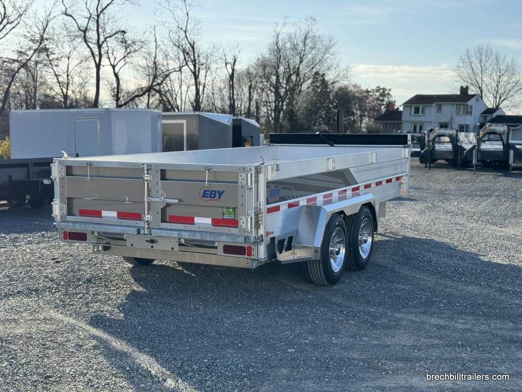 Rear view of the EBY Heavy Duty Aluminum Dump Trailer