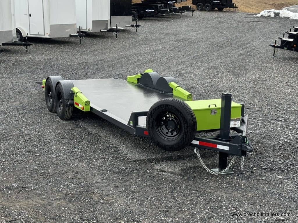 FlatTrak Flat Deck Scissor Lift parked at the Brechbill Trailers lot.