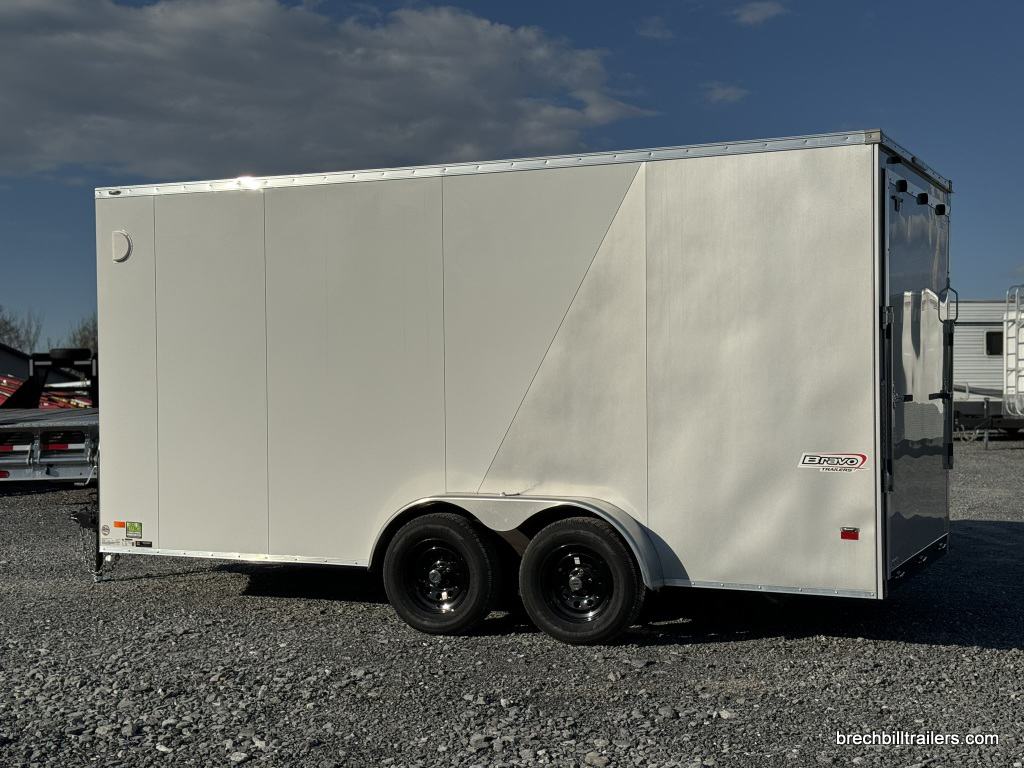 Side view of a new Bravo Scout 7K Enclosed Cargo Box Trailer