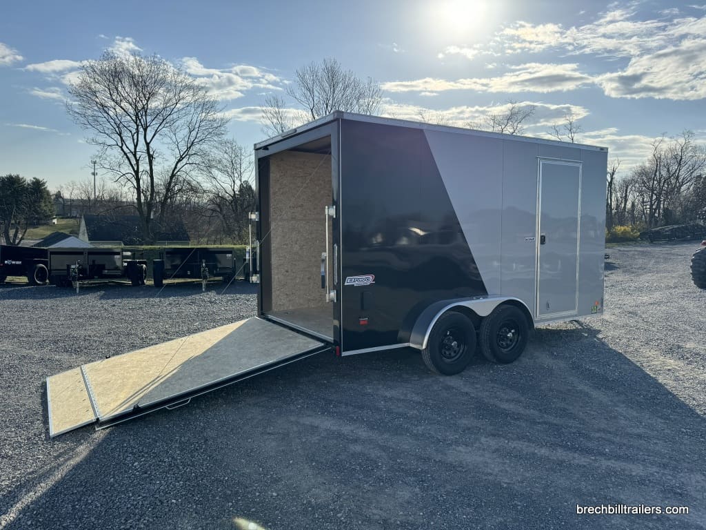 Ramp door down on a Bravo Scout 7K Enclosed construction Trailer