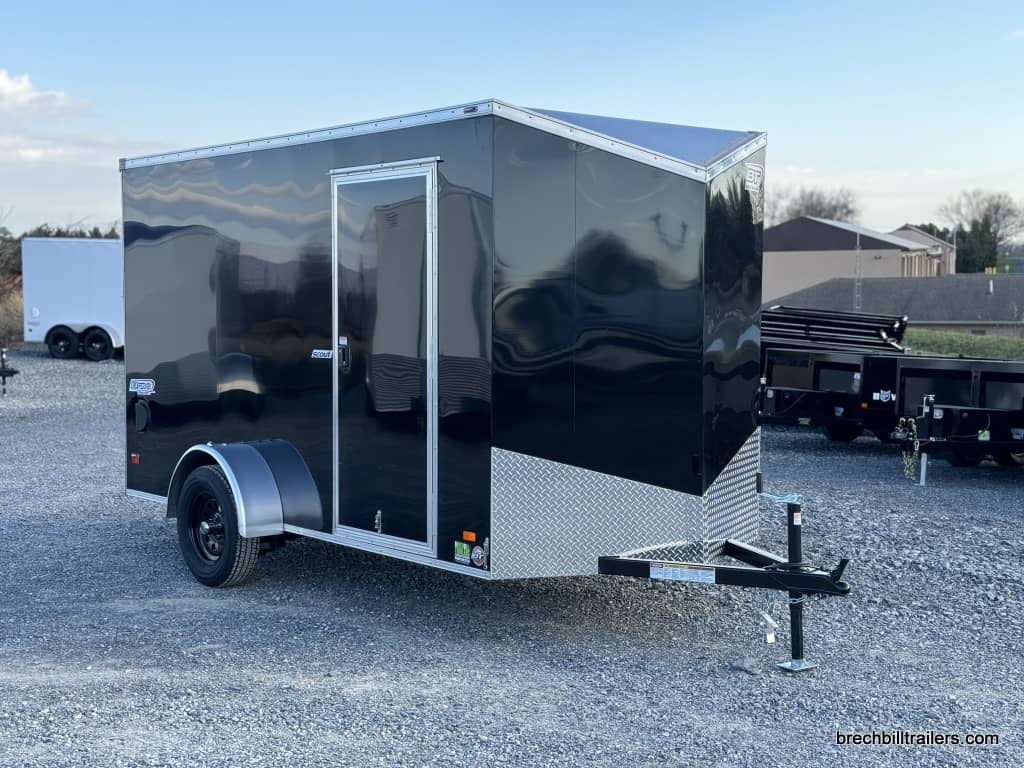 Front view of a new Bravo Scout 3K Enclosed Cargo Trailer
