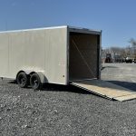 View of the ramp door open on the Bravo Scout 7K Enclosed Cargo Box Trailer