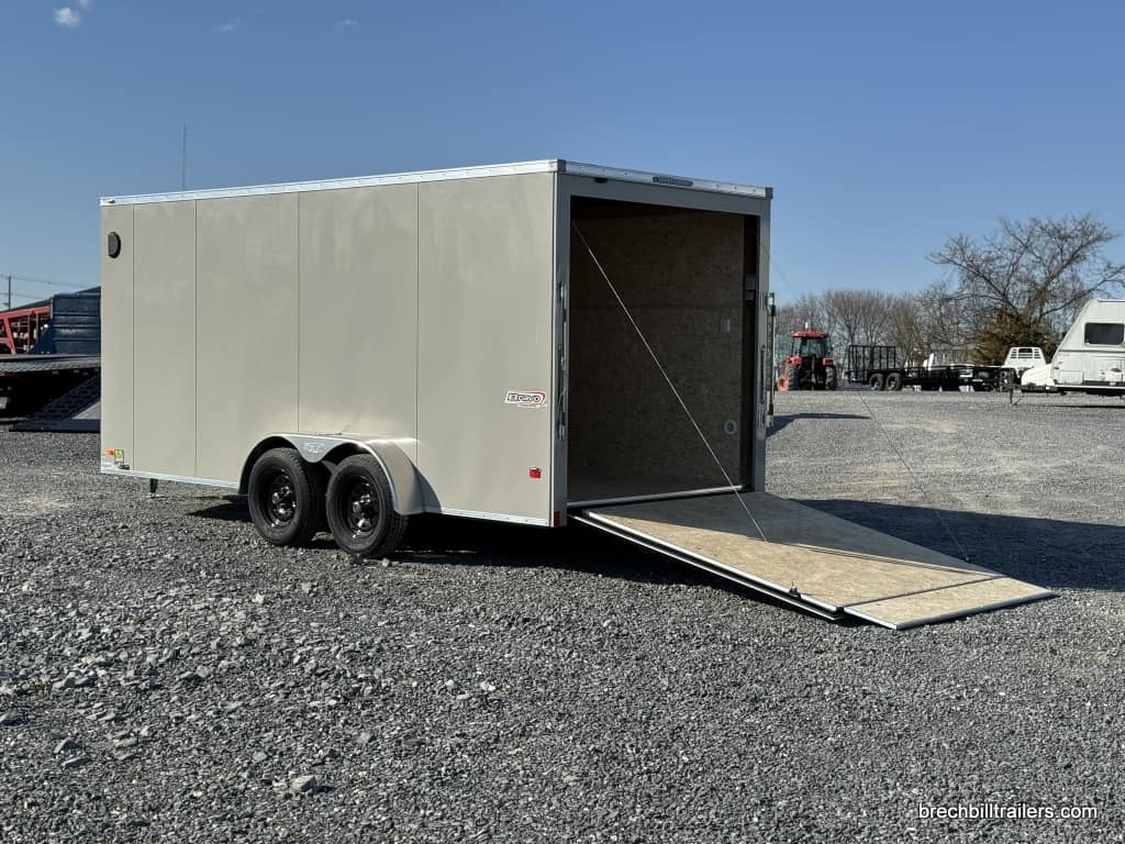 View of the ramp door open on the Bravo Scout 7K Enclosed Cargo Box Trailer