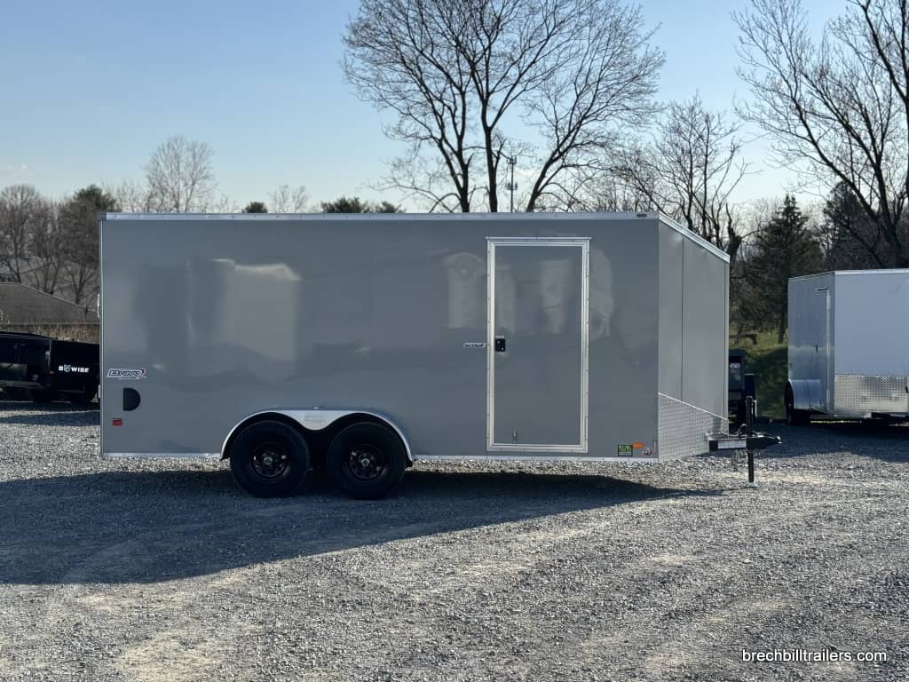 Side view of a new Bravo Scout 7K Enclosed Cargo Box Trailer
