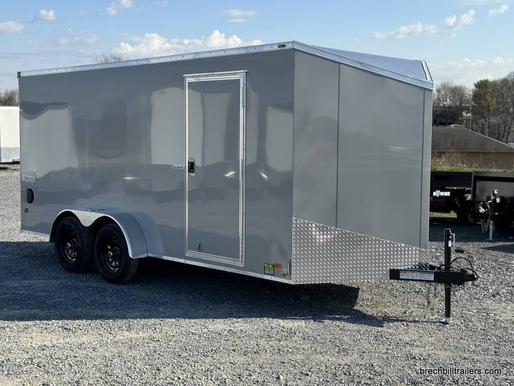 Front view of a new Bravo Scout 7K Enclosed Cargo Box Trailer