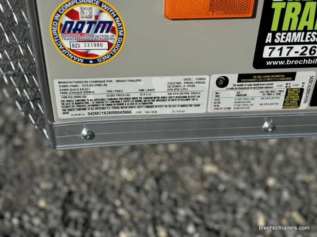 Manufacturer sticker with trailer info.