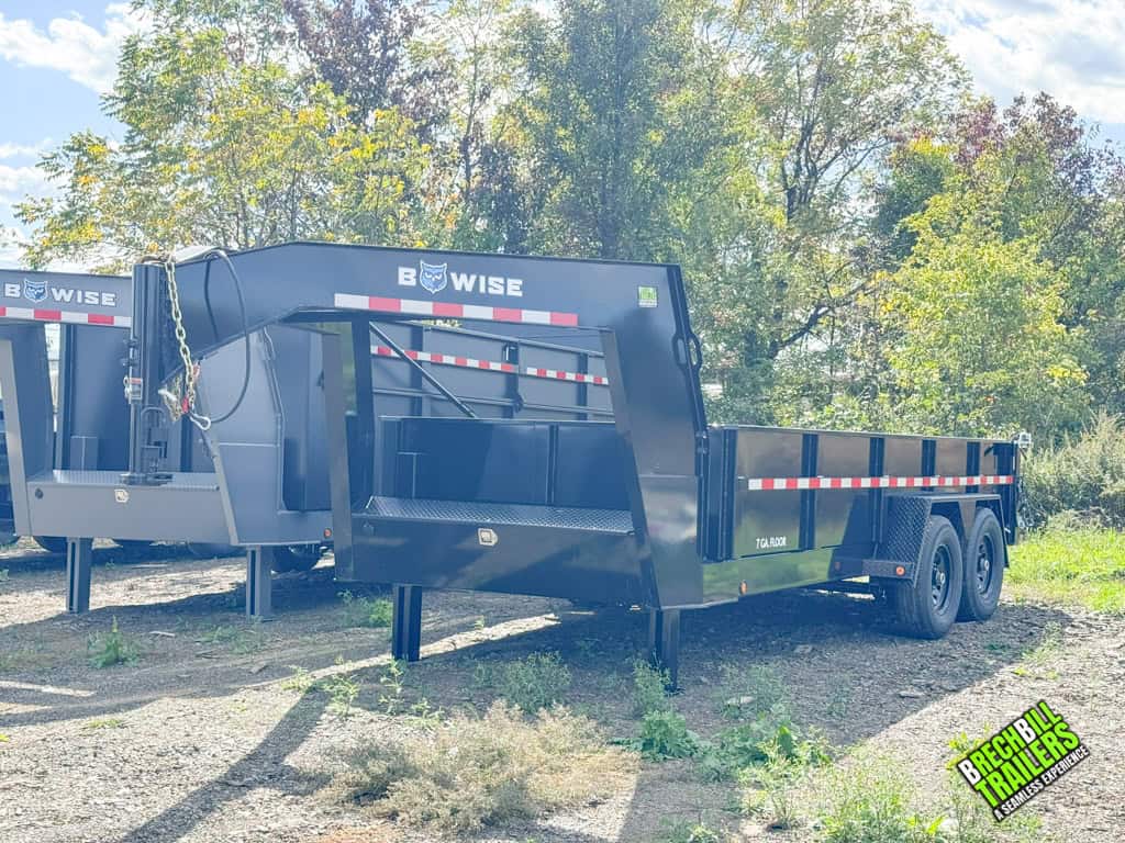 Front view of the gooseneck on a Bwise Heavy Duty 7x16 Dump Trailer