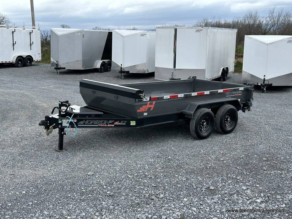 A gray Horizon 14k Bumper Pull Dump Trailer