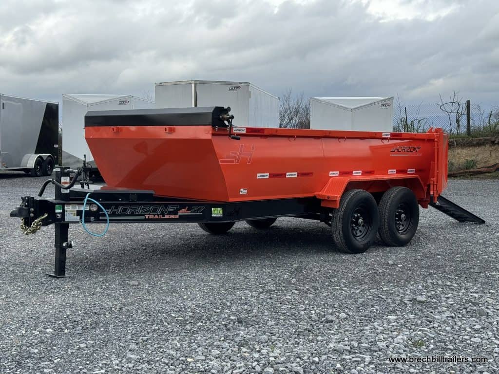 An orange Horizon 14k Dump Trailer High Side with a black frame for sale.