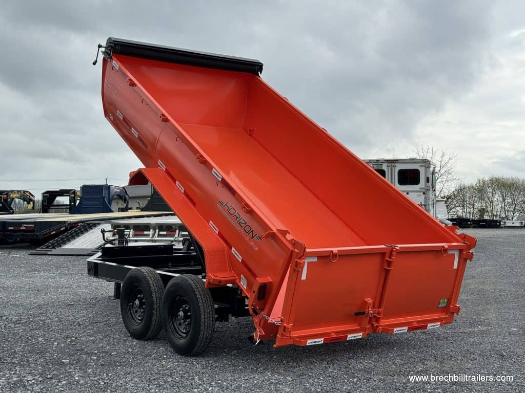 A new Horizon dump trailer in orange.