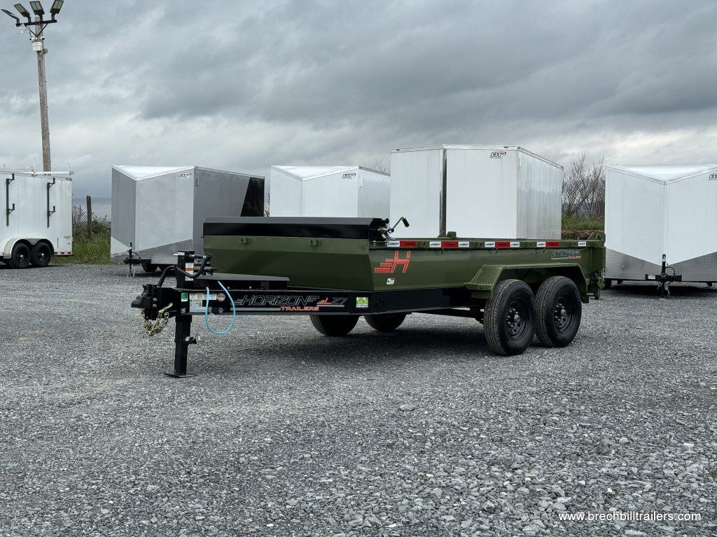 Front of military green Horizon 14k Heavy Duty Dump Trailer