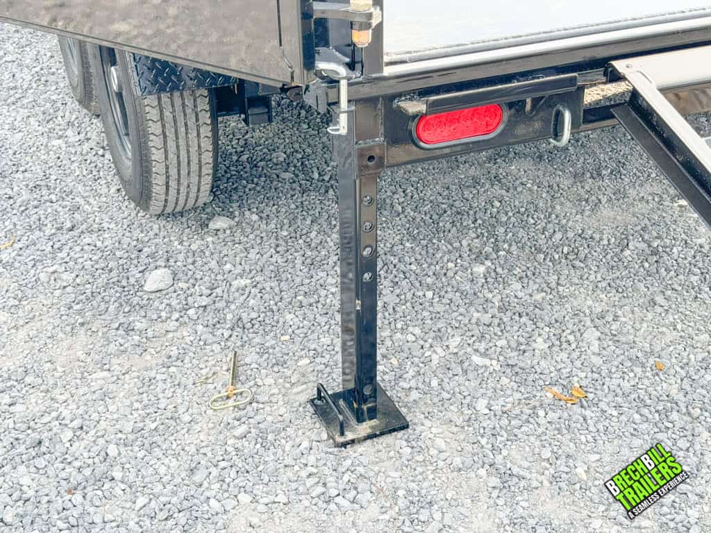 Stabilizer leg down on a Bwise 14K LP LE Low Pro Dump Trailer