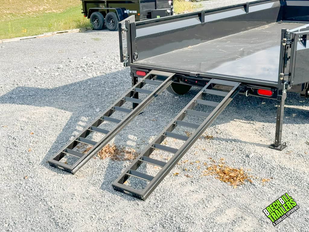 Bwise 14K LP LE Low Pro Dump Trailer with ramps and stabilizer legs down.