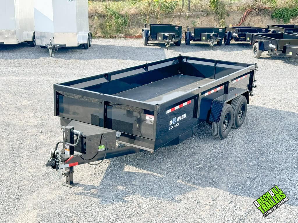 Front view of a black Bwise 14K LP LE Low Pro Dump Trailer.