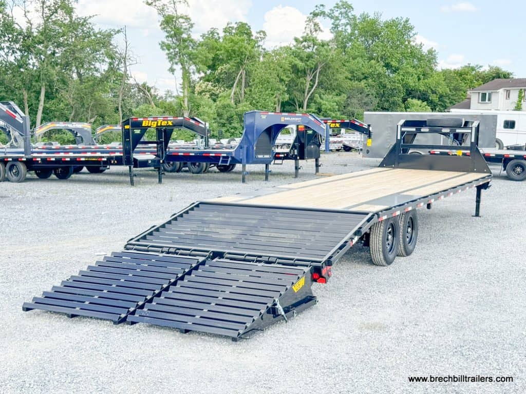 View of the trailer from the back with ramps down.