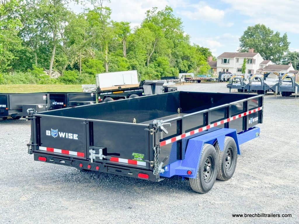 A parked Bwise DLP 15.4K Heavy Duty Dump Trailer with a view inside the can.
