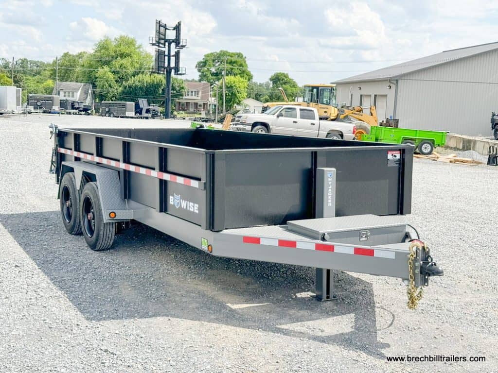 Looking down the side of a Bwise 7x16 DLP Heavy Duty Dump Trailer