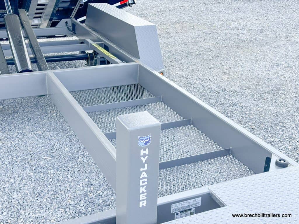 Gray trailer frame with Hyjacker jack in view.
