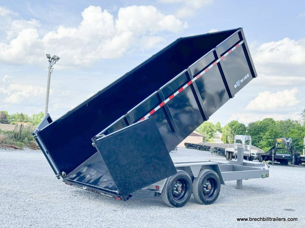 The trailer in a dumping position to demonstrate how it works.