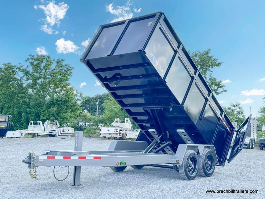 A black Bwise 7x16 DLP Heavy Duty Dump Trailer with gray frame.
