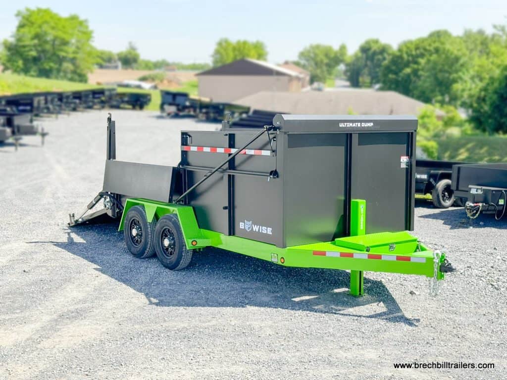 Lime green frame and black dump trailer.