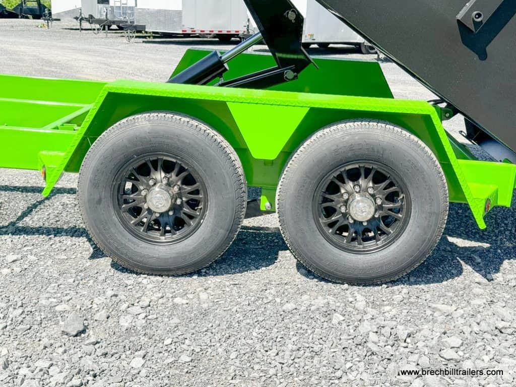 New black wheels on a Bwise dump trailer with lime green frame