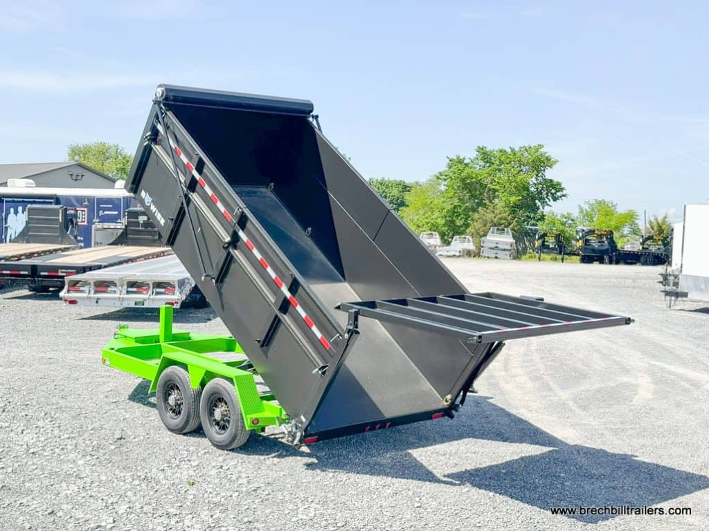 A Bwise DU 15.4K Ultimate Dump Trailer in the dump position
