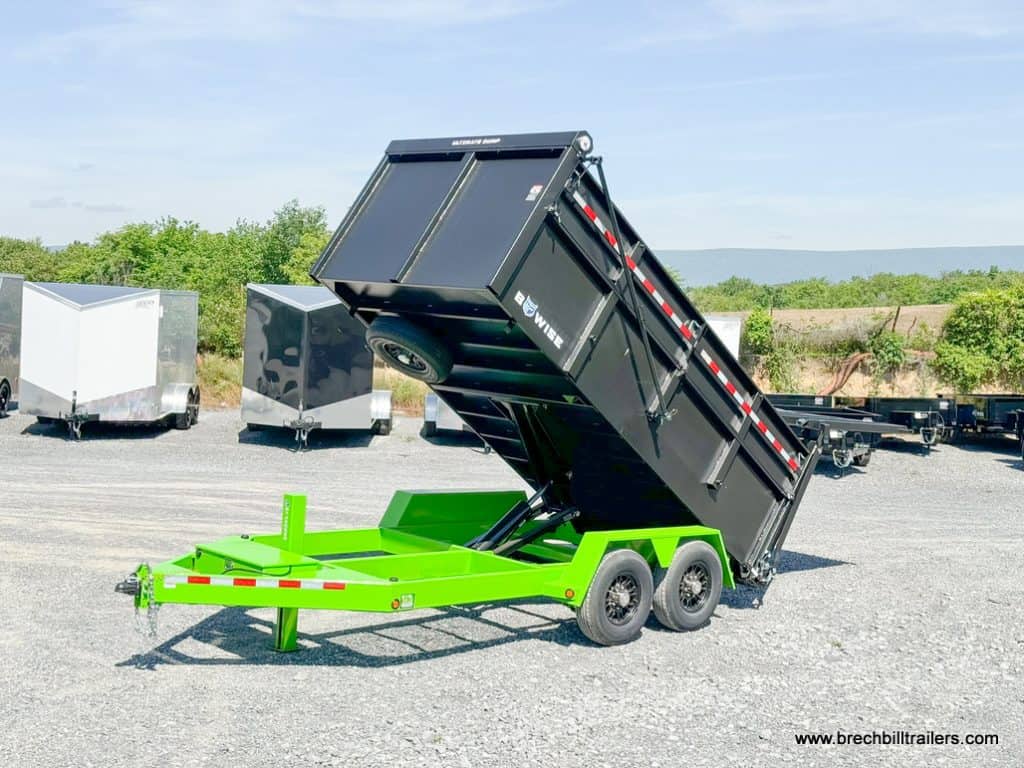 Bwise DU 15.4K Ultimate Dump Trailer in the dumping position.